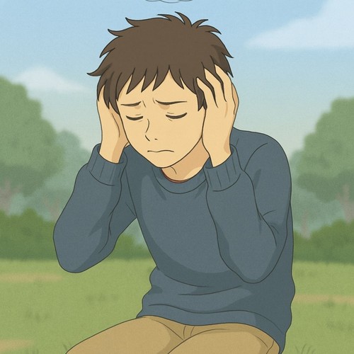 Eine gezeichnete Person sitzt mit niedergeschlagenem Gesichtsausdruck auf dem Boden und hält sich den Kopf. Über dem Kopf ist eine dunkle, wirre Linie zu sehen, die innere Anspannung oder Verwirrung darstellt.