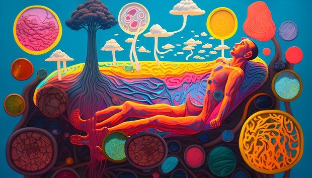 Psychedelisches Bild einer Person auf einer Couch